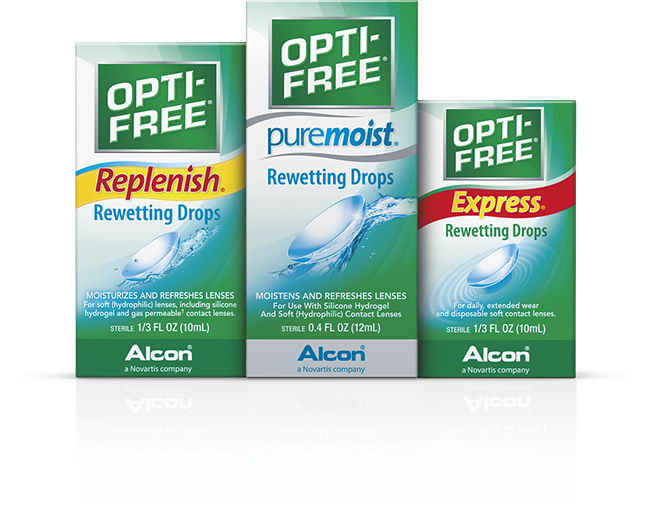 OPTI-FREE® Replenish® Rewetting Drops condition and moisturize contact lenses.