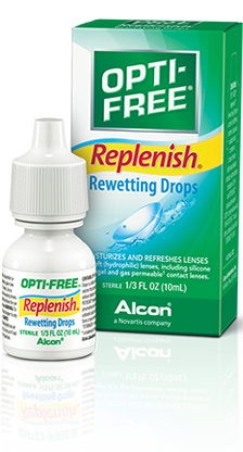 OPTI-FREE® Replenish® Rewetting Drops keep contacts comfortable.