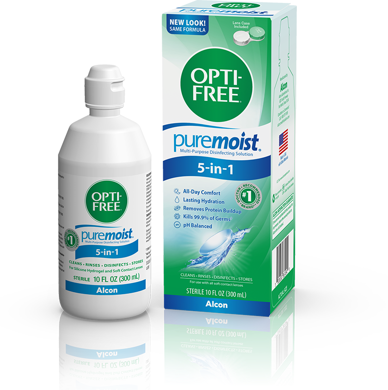 A bottle of OPTI-FREE Puremoist multi-purpose disinfecting contact lens solution by Alcon, placed in front of its green and white packaging box, highlighting its "All Day Comfort" feature