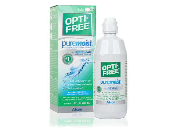 A bottle of OPTI-FREE Puremoist multi-purpose disinfecting solution placed in front of its green and white packaging box, highlighting its "All Day Comfort" feature