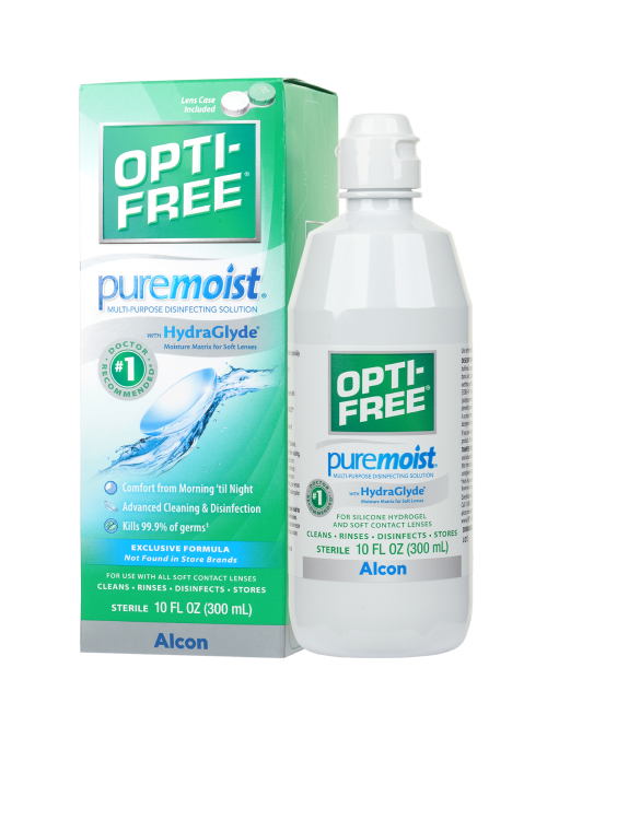 A bottle of OPTI-FREE Puremoist multi-purpose disinfecting contact lens solution by Alcon, placed in front of its green and white packaging box, highlighting its "All Day Comfort" feature