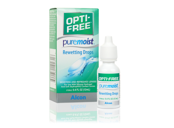Opti-Free Puremoist Rewetting Drops by Alcon, shown with its packaging and bottle, designed to moisturize and refresh contact lenses for comfortable wear