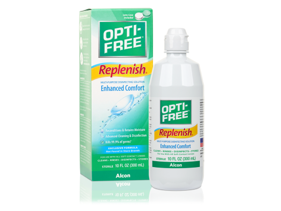 A bottle of OPTI-FREE Replenish multi-purpose disinfecting solution positioned in front of its green and yellow packaging box, highlighting its "Enhanced Comfort" feature for advanced cleaning and lens moisture retention