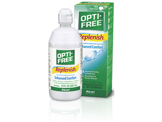 A bottle of OPTI-FREE Replenish multi-purpose disinfecting solution positioned in front of its green and yellow packaging box, highlighting its "Enhanced Comfort" feature for advanced cleaning and lens moisture retention