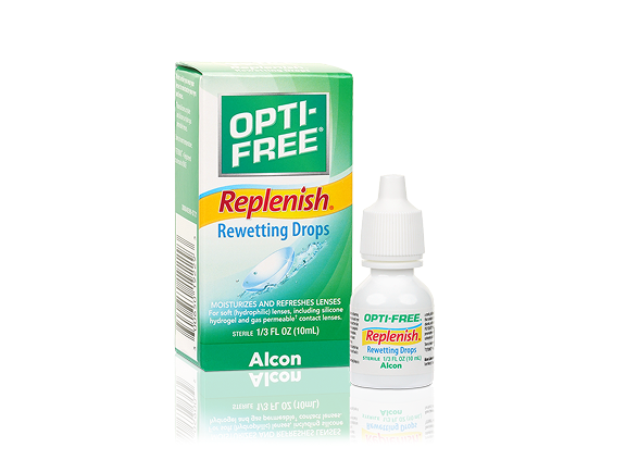 Opti-Free Replenish Rewetting Drops by Alcon, shown with its packaging and bottle, designed to moisturize and refresh contact lenses for lasting comfort