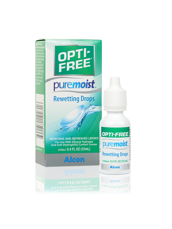 Opti-Free Puremoist Rewetting Drops by Alcon, shown with its packaging and bottle, designed to moisturize and refresh contact lenses for comfortable wear