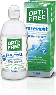 A bottle of OPTI-FREE Puremoist multi-purpose disinfecting solution placed in front of its green and white packaging box, highlighting its "All Day Comfort" feature