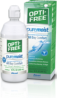 A bottle of OPTI-FREE Puremoist multi-purpose disinfecting solution placed in front of its green and white packaging box, highlighting its "All Day Comfort" feature