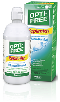 Opti-Free Replenish Rewetting Drops by Alcon, shown with its packaging and bottle, designed to moisturize and refresh contact lenses for lasting comfort