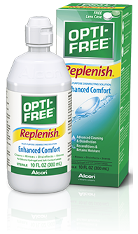 Opti-Free Replenish Rewetting Drops by Alcon, shown with its packaging and bottle, designed to moisturize and refresh contact lenses for lasting comfort
